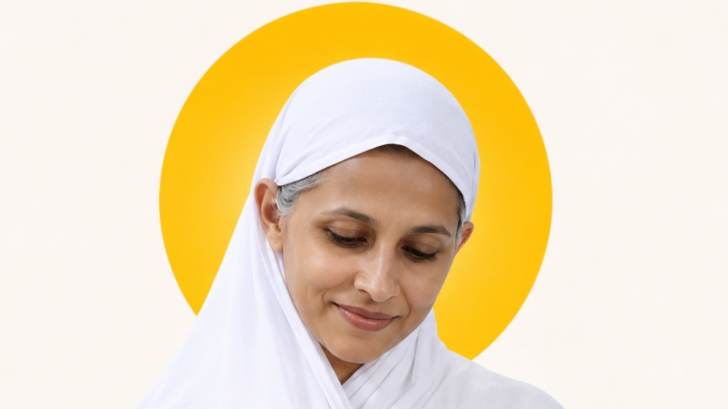 Woman wearing a white hijab smiling softly with a large yellow circular halo-like background behind her.