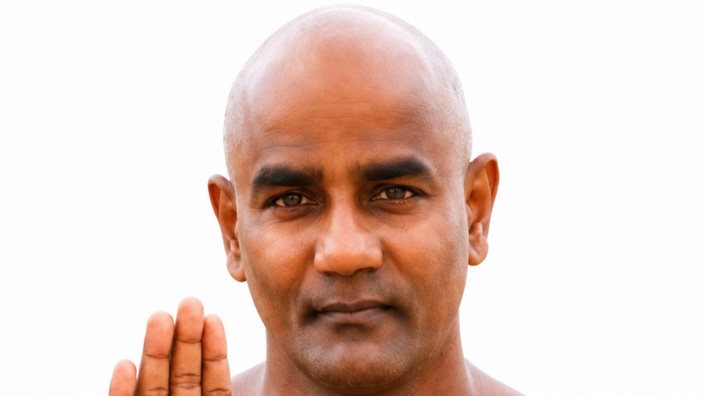 Close-up portrait of a bald man with a calm expression, one hand raised in a prayer/namaste gesture against a white background
