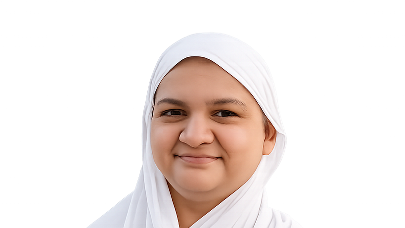 Young girl in a white hijab smiling softly at the camera against a gray gradient background