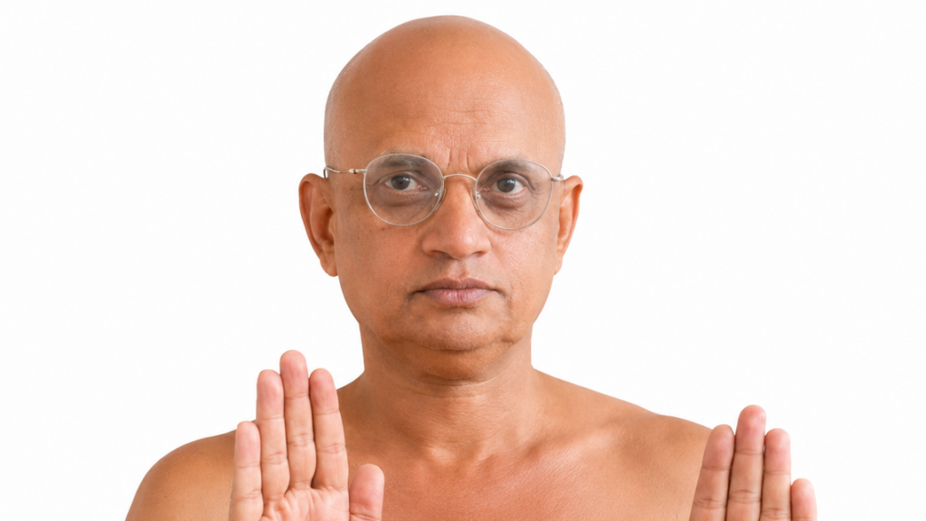 Bald man wearing round glasses holds both hands up in a stop gesture against a white background.