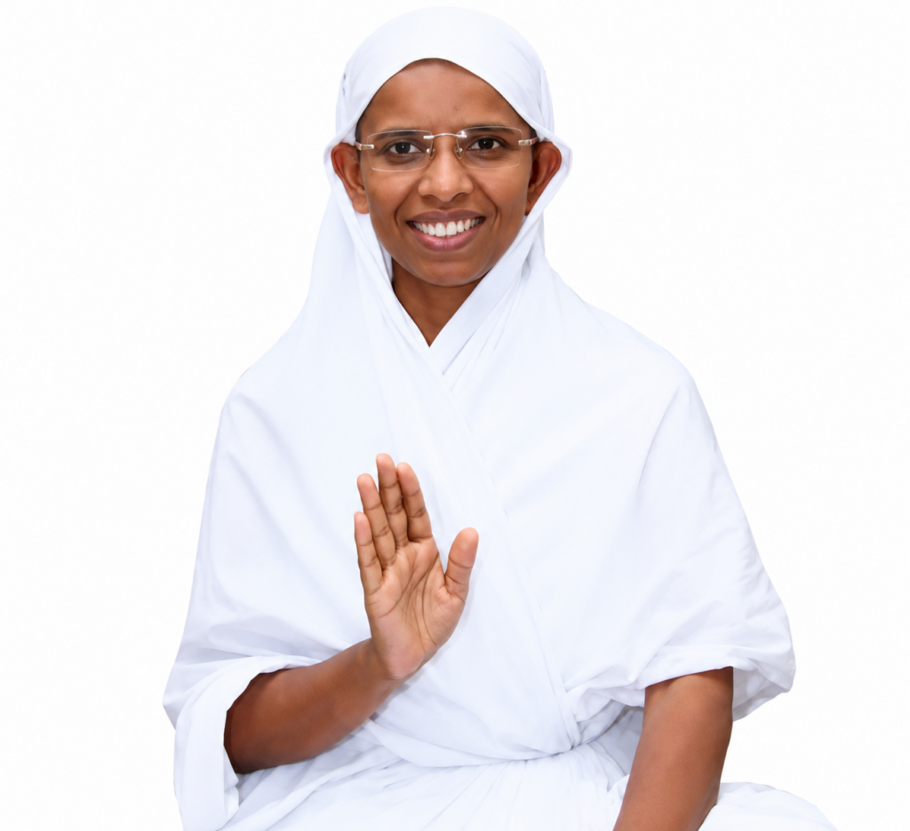 Smiling woman wearing a white hijab and robes, raising her hand in a greeting on a white background.