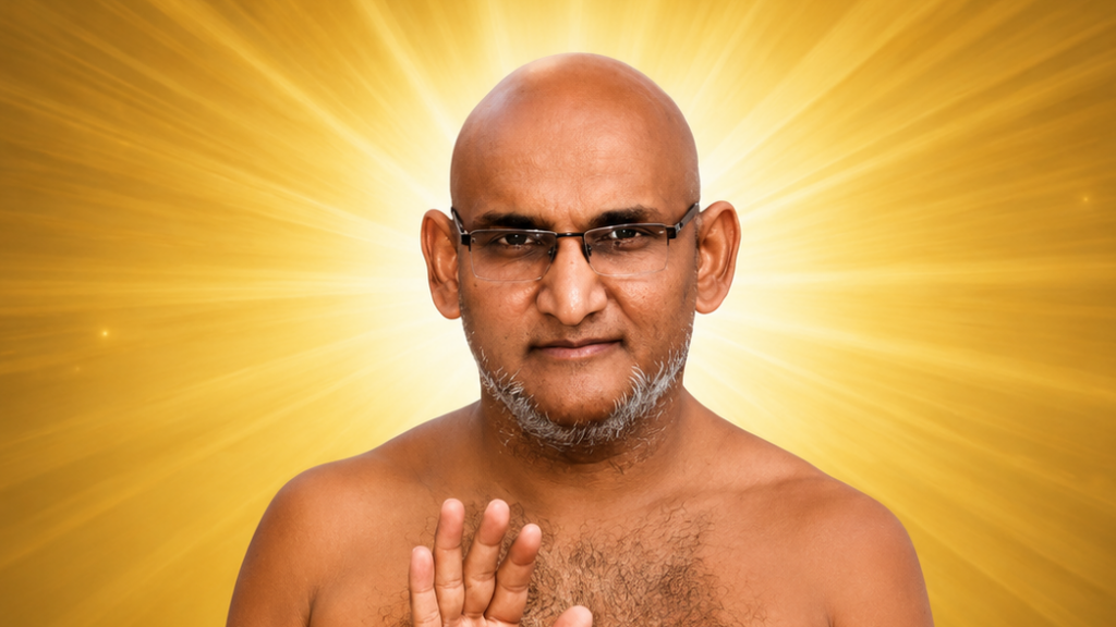 Bald man with glasses and a grey beard raises his right hand in a blessing gesture, with a radiant golden halo behind him.