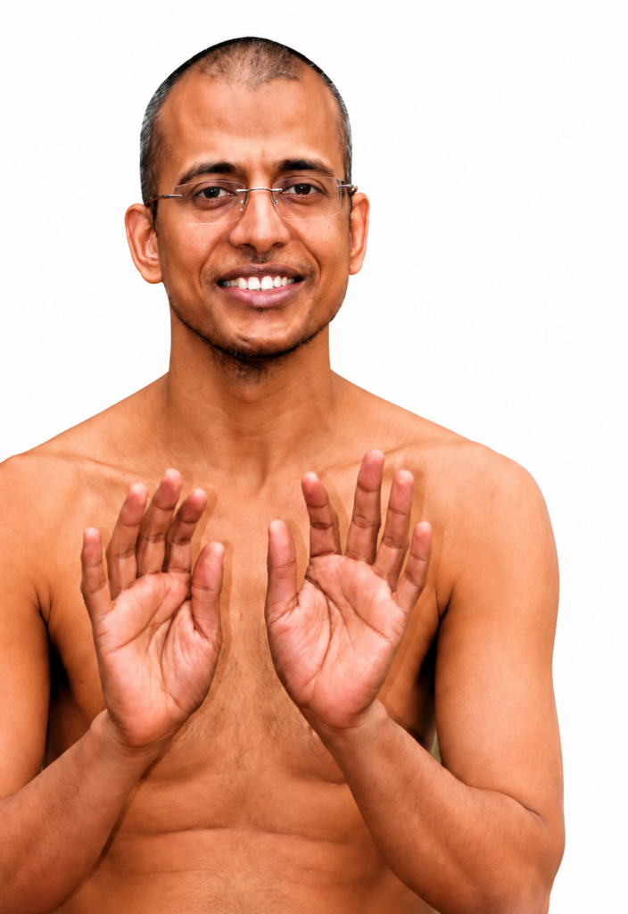 Smiling man with glasses shirtless, hands raised in a stop gesture toward the camera.