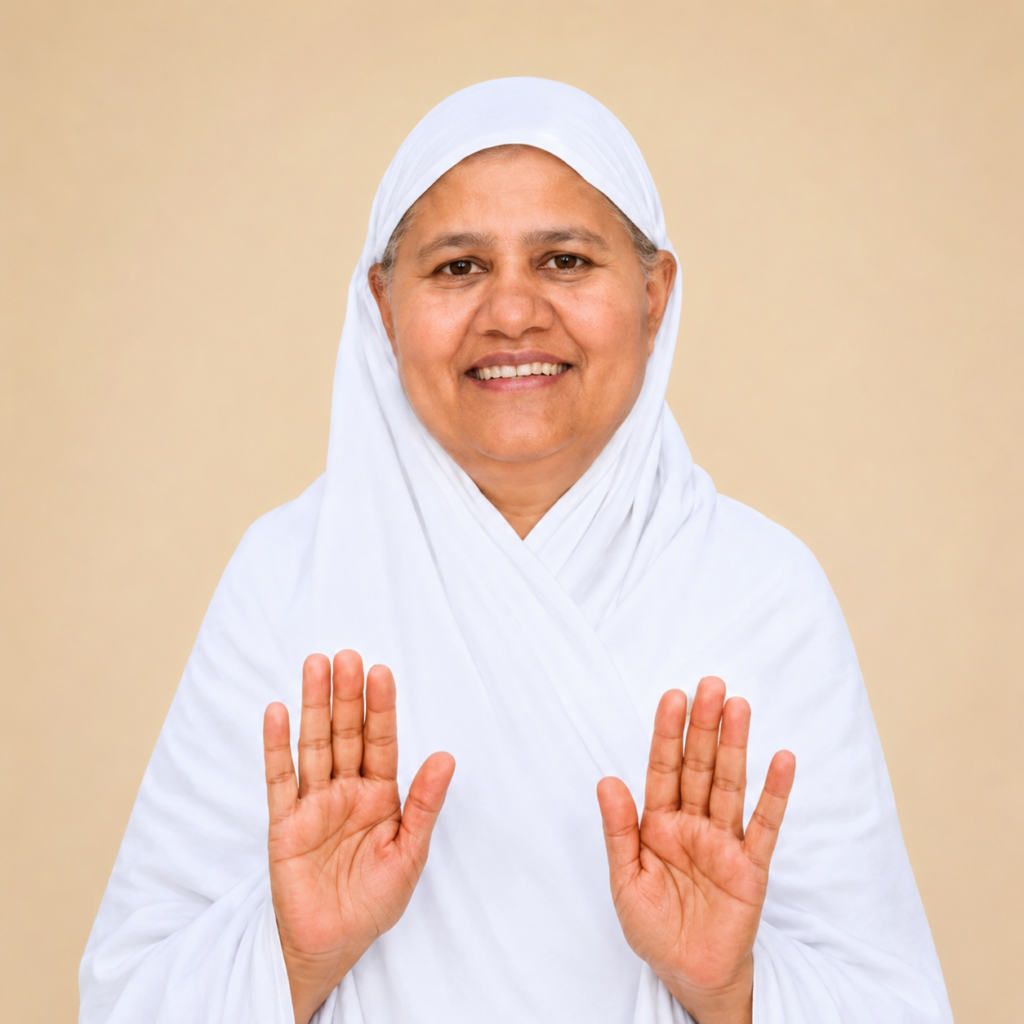 Smiling woman in a white hijab raises both hands in a stop gesture against a beige background.