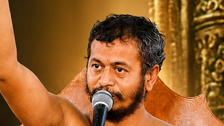 Man with a beard sings into a microphone on a stage, one arm raised, against a gold ornate backdrop.