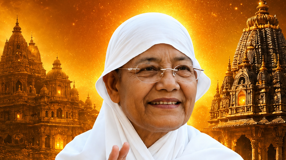 Smiling elderly nun in a white habit and glasses, with glowing golden temple structures in the background.