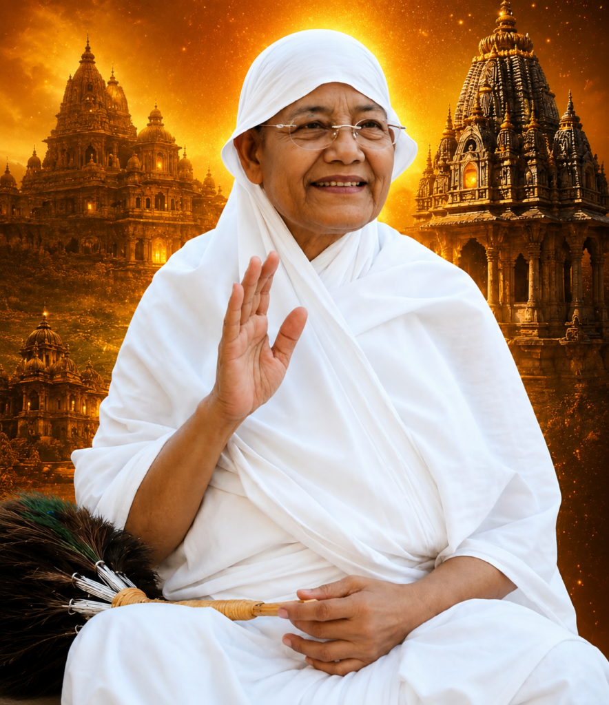 An elderly woman in white robes sits and waves a blessing, with a warm golden temple backdrop behind her.