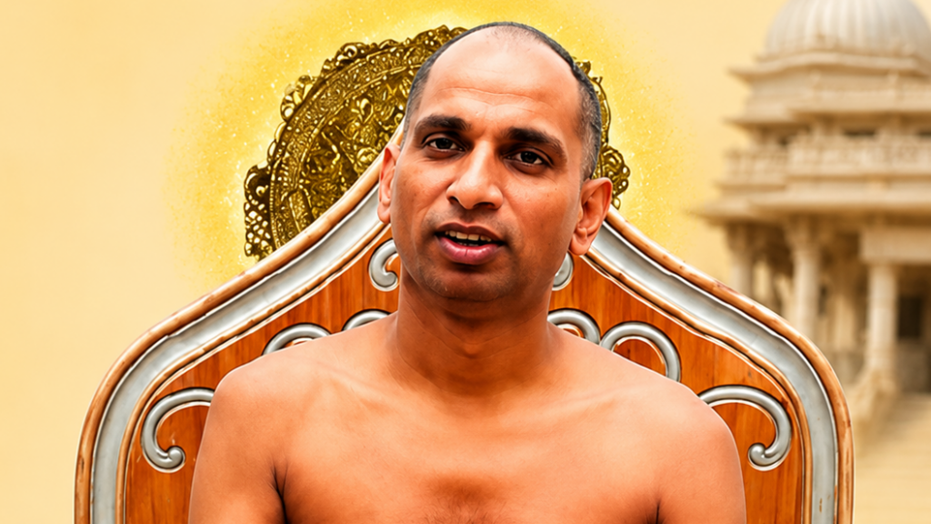 Man seated shirtless on an ornate wooden throne with a gold halo behind him, temple in the background.