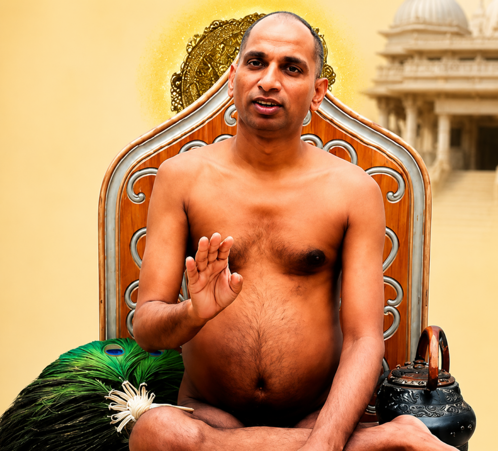 Shirtless man seated on an ornate chair raises his right hand in blessing, peacock feather near his knee, temple backdrop behind him.