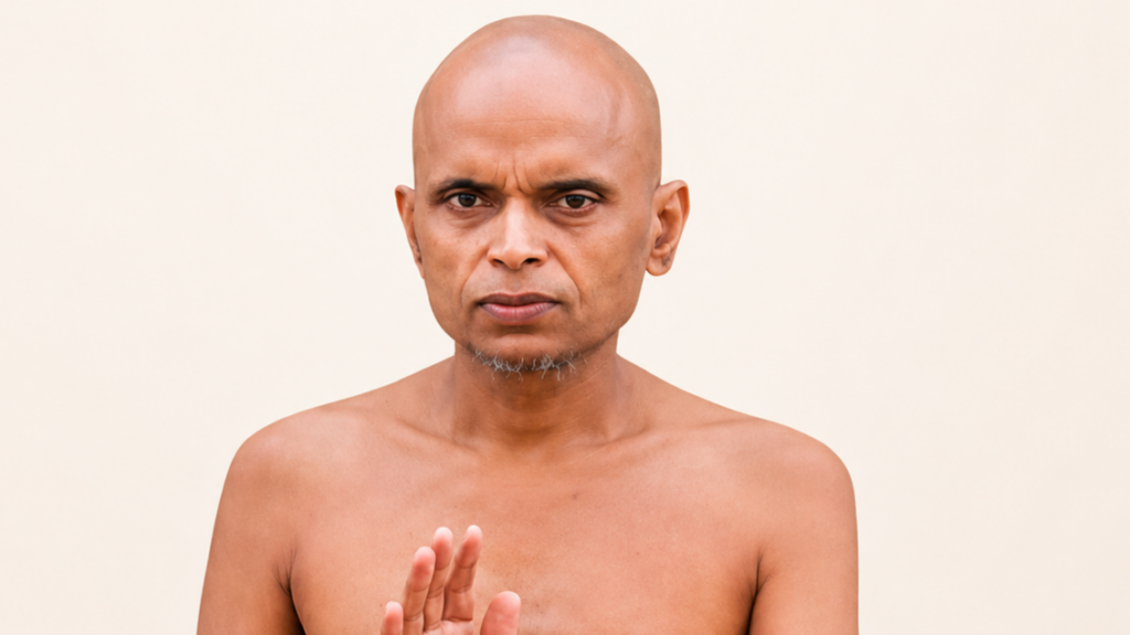 Bald man shirtless, raising his hand in a stop gesture with a serious expression against a neutral beige background.