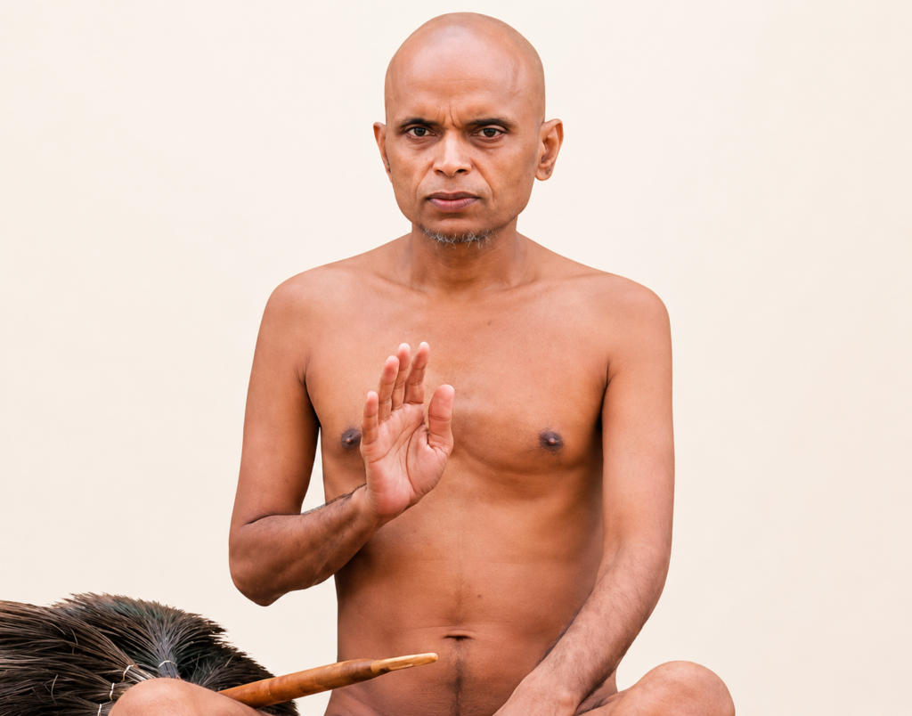 Bare-chested man sits cross-legged against a plain beige backdrop, raising his right hand in a mudra gesture.
