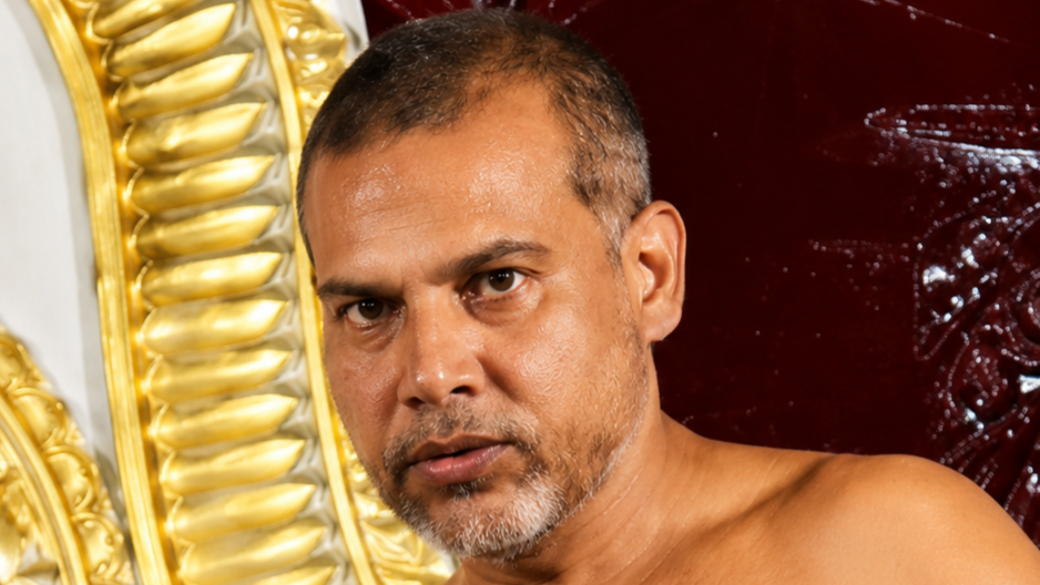 Close-up of a shirtless middle-aged man with short hair and stubble, looking at the camera, against a gold ornate backdrop.