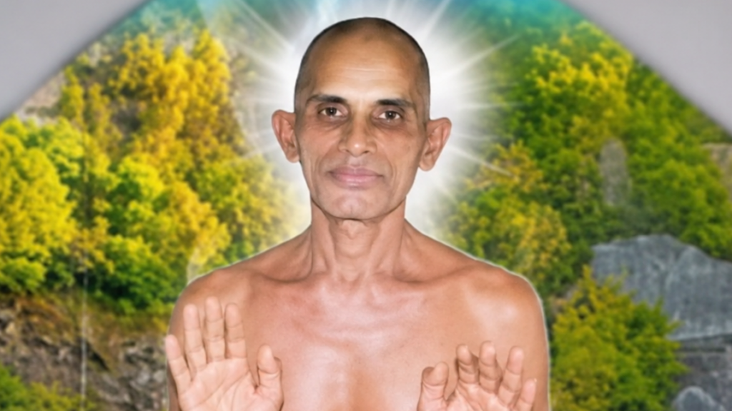 Portrait of a shirtless man with a radiant halo behind his head, raising both hands, in front of a forested background.