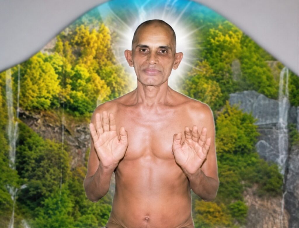 Shirtless man stands with palms facing outward in front of a forested backdrop and a glowing halo behind his head, suggesting meditation or blessing practice.