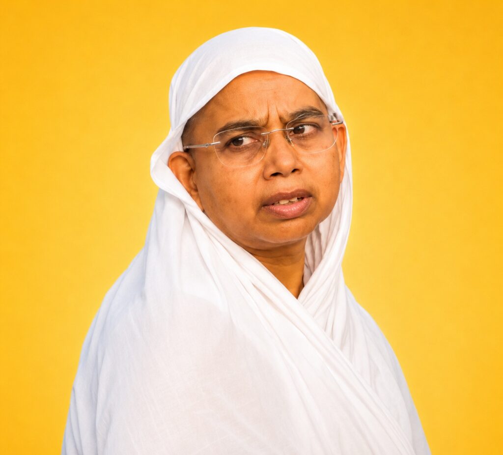 Person in white traditional clothing and glasses looks puzzled against a bright yellow background.