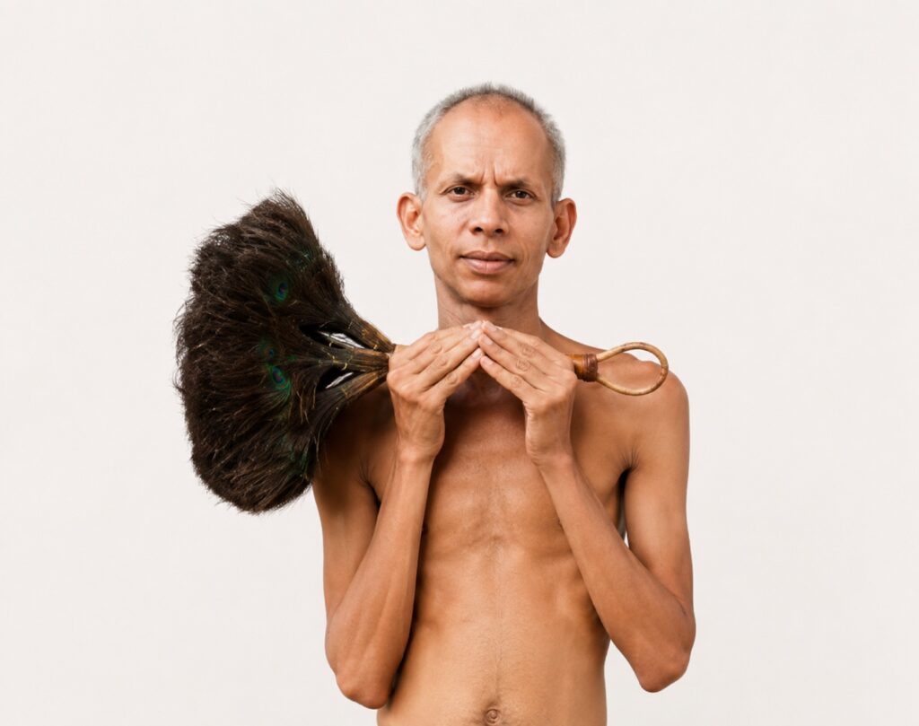Bare-chested man holds a large peacock-feather fan draped over his shoulder, gripping the wooden handle with both hands.