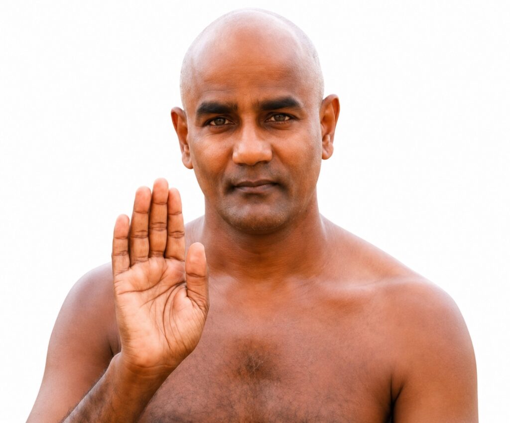 Bald man from the chest up holds up his right hand in a stop gesture with a calm expression.