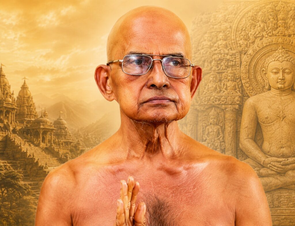 Bald elderly man in glasses, hands pressed together in prayer, bare shoulders, golden temple backdrop.