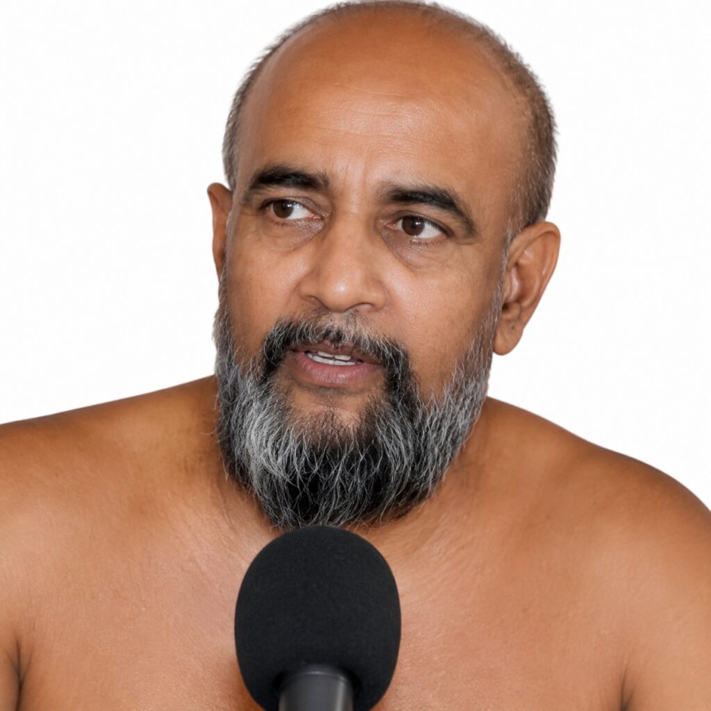 Bearded shirtless man speaking into a handheld microphone against a white background.