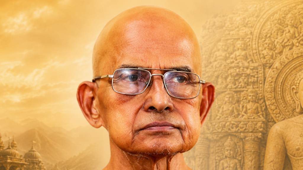 Close-up portrait of an elderly bald man with glasses, with a golden temple mural in the background.