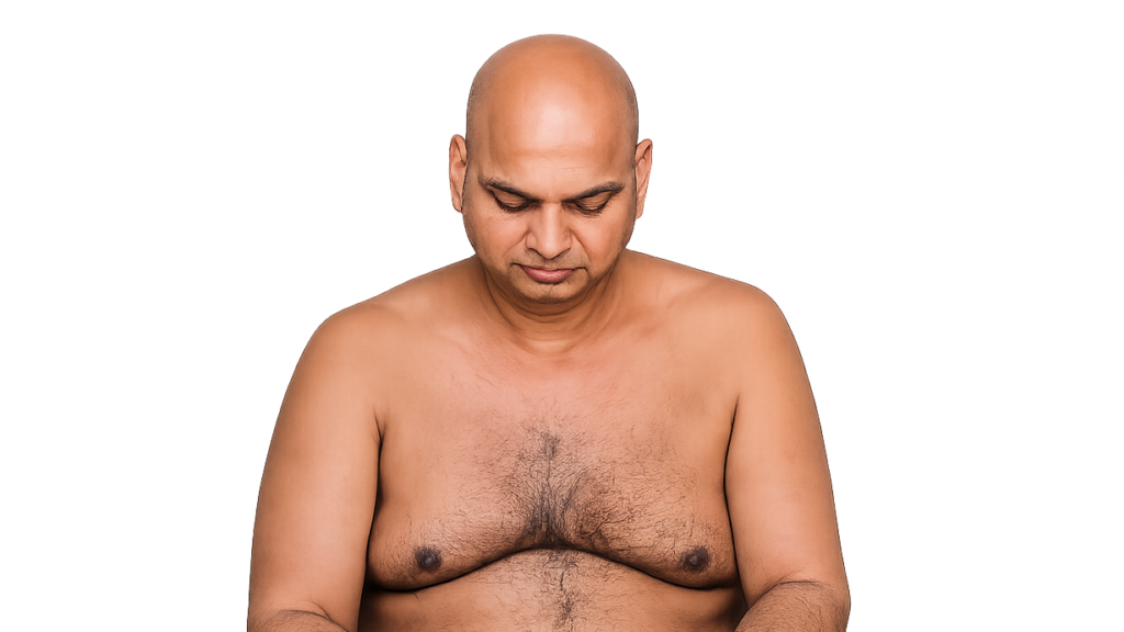 Bald, shirtless man sits with his head bowed and eyes looking downward, arms resting in his lap.