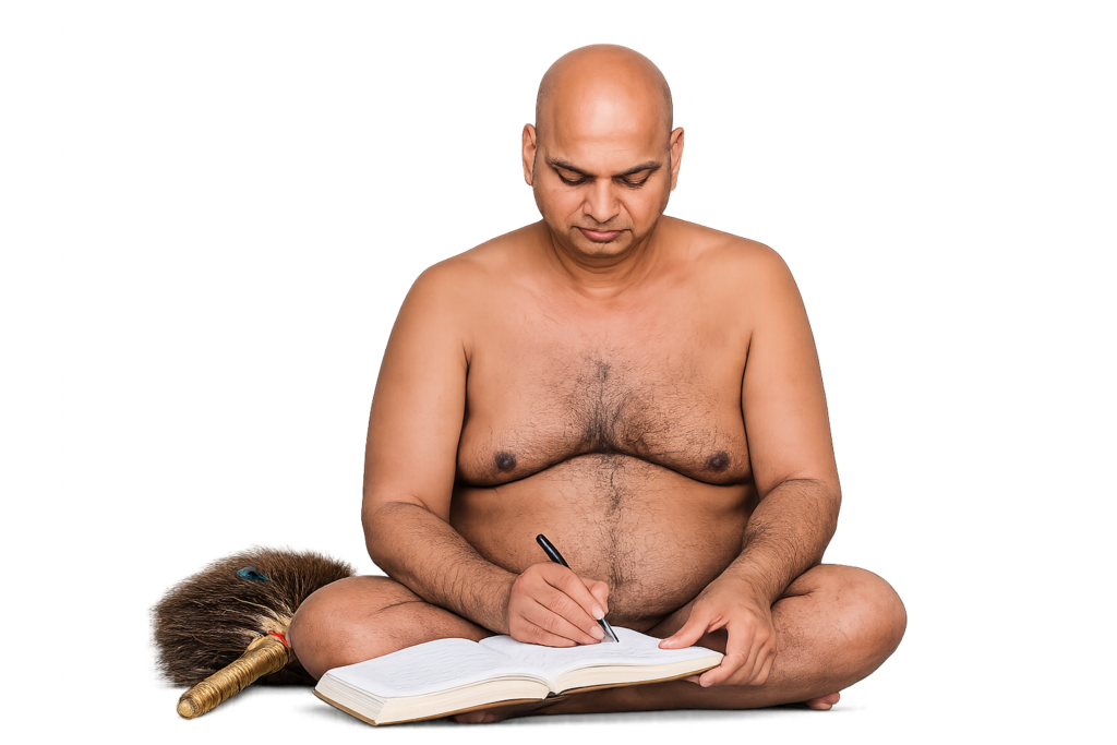 Bald man sits cross-legged, shirtless, writing in an open notebook with a pen atop his lap. The background is soft and neutral.