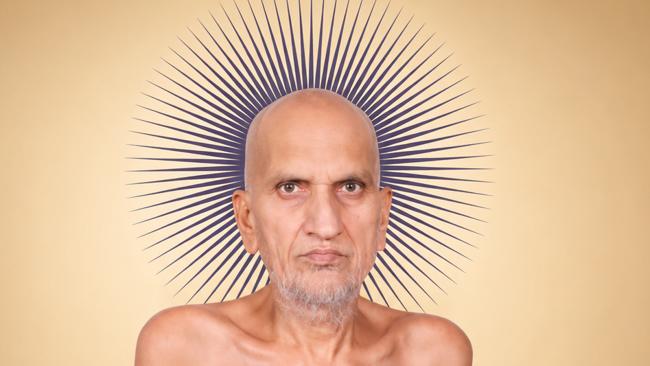 Portrait of a bald man with a halo-like radiant ring behind his head against a warm beige background, suggesting a saintly or spiritual image.