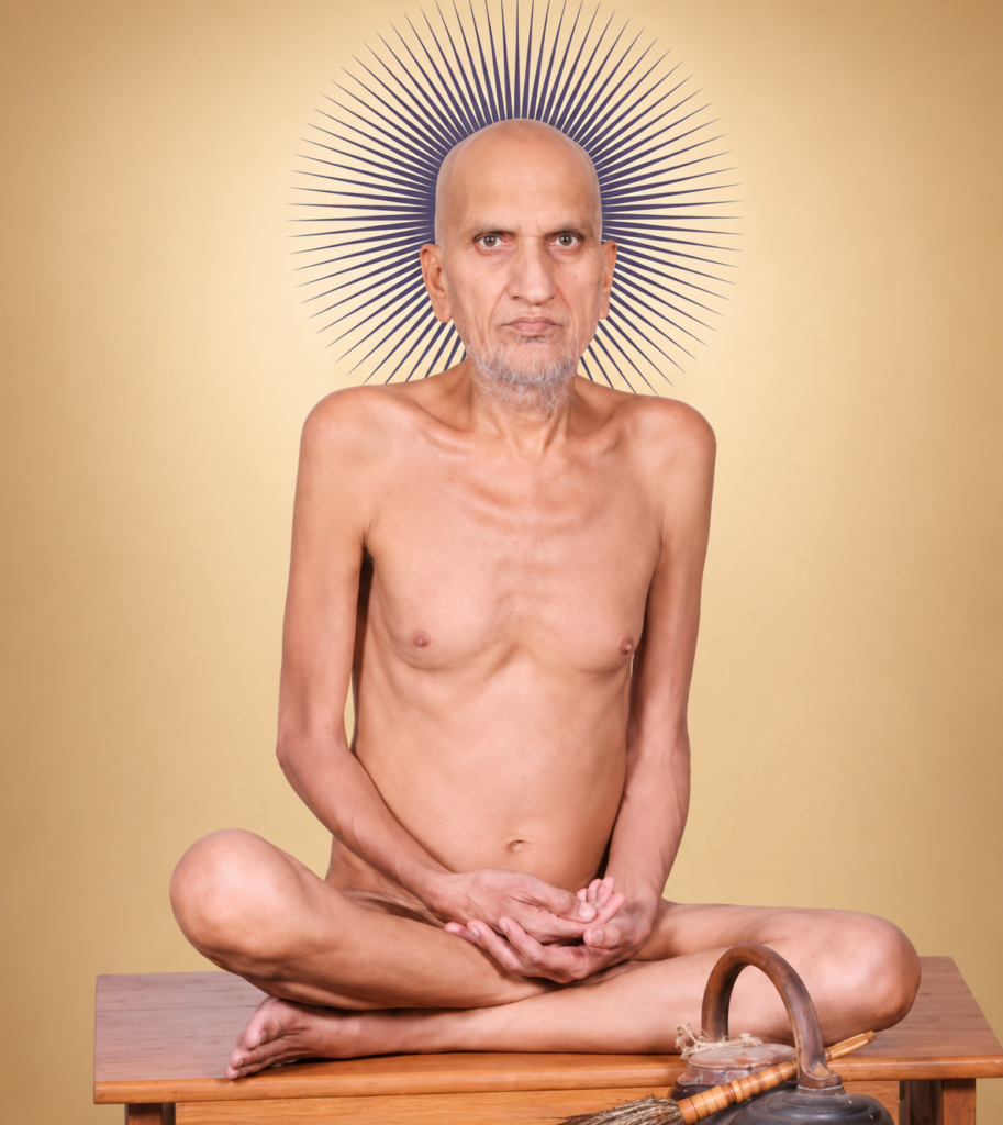Older, shirtless man meditating cross-legged on a wooden bench with a radiant halo behind his head against a gold backdrop.