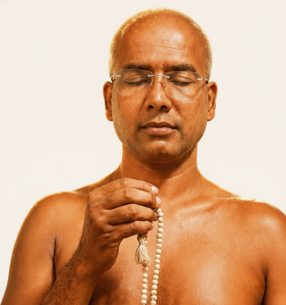 Bald man with glasses, eyes closed, holding a strand of prayer beads as he meditates.