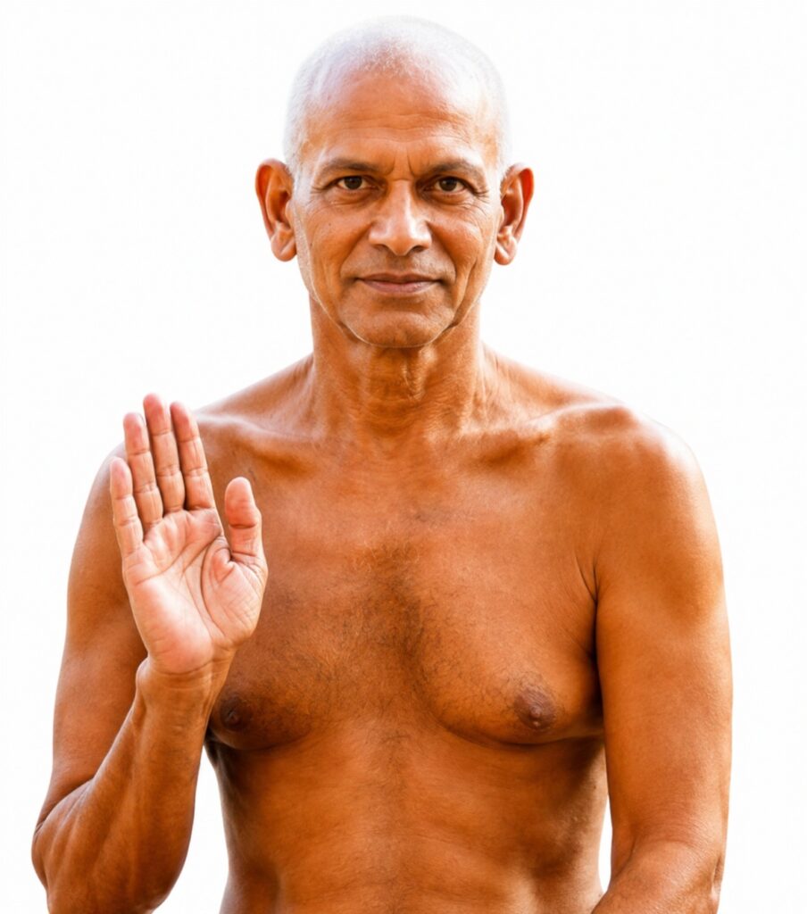 Older man shirtless raises his right hand in a stop gesture against a white background.