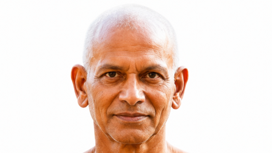 Close-up portrait of an older man with short white hair and a calm expression against a white background.