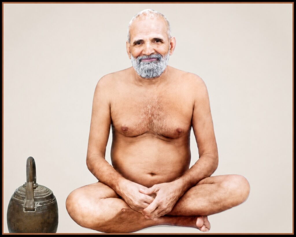 Smiling older man with gray beard meditating cross-legged, bare chest, a kettlebell resting beside him.