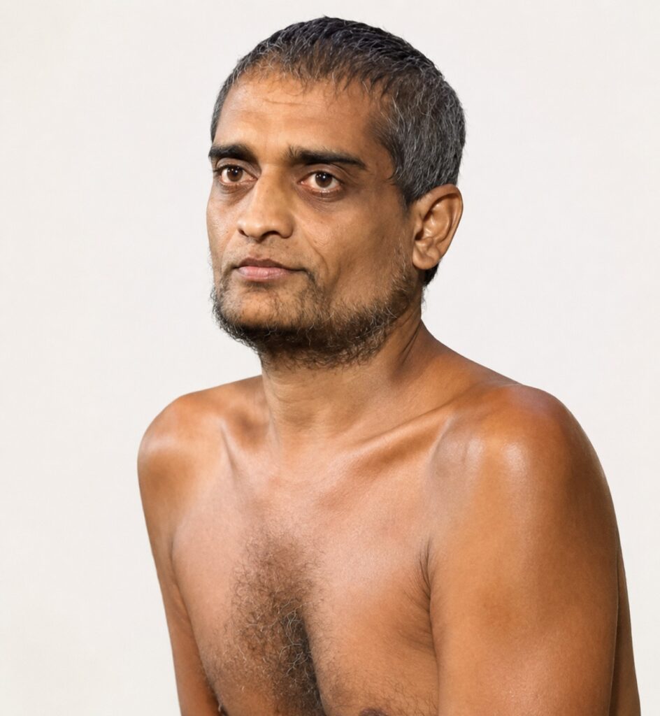 Portrait of a shirtless man with short gray hair and a trimmed beard, looking slightly to the left against a light background.