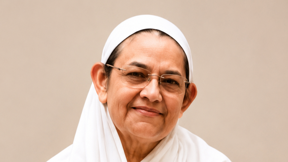 Smiling nun wearing a white habit and glasses against a beige background