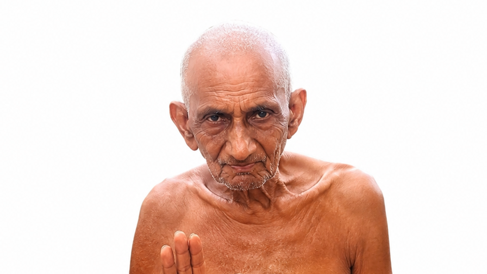 Portrait of an elderly, lean man with a weathered face, bare shoulders, and hands pressed together in a prayer-like gesture against a white background