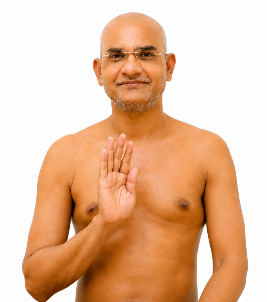 Bald man with glasses, shirtless, raising his right hand in a stop gesture against a white background.