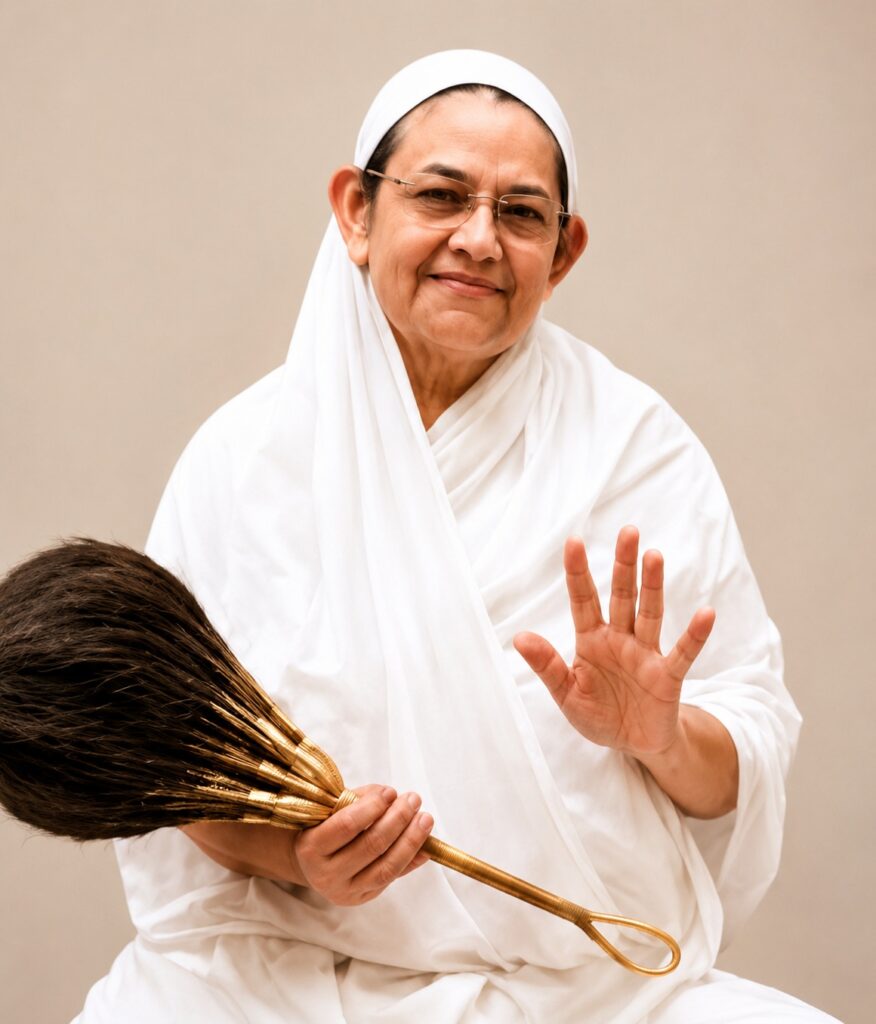 Older person in white robes holds a broom and shows a stop gesture with an open palm.