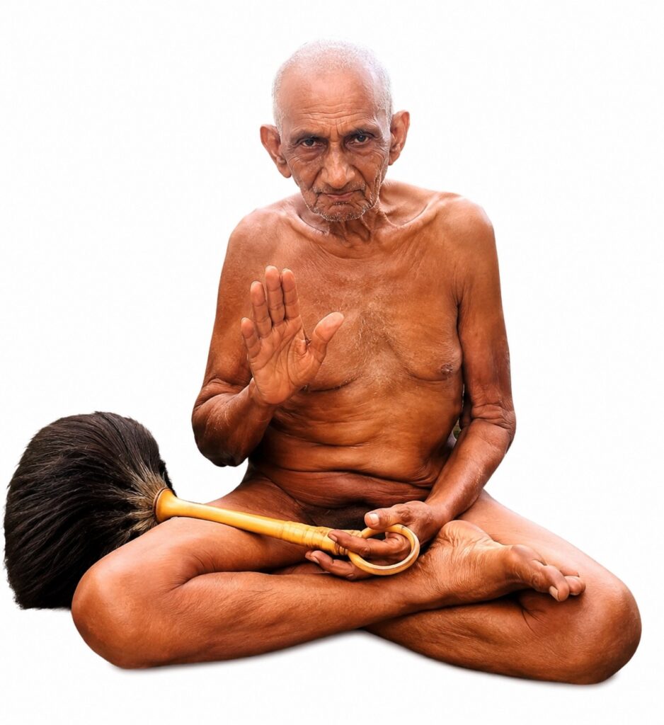 Elderly shirtless man sits cross-legged on a white background, raises his right hand in a stop gesture, holding a curved wooden staff.