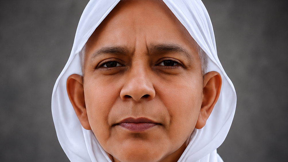 Close-up of a woman wearing a white hijab, looking straight at the camera with a neutral expression.