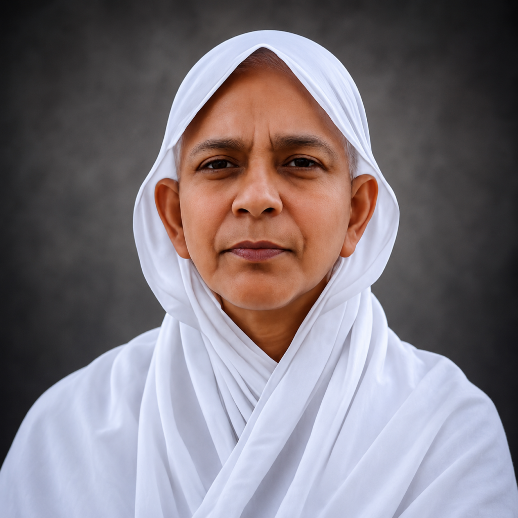 Close-up portrait of a person wearing a white headscarf against a dark gray background.
