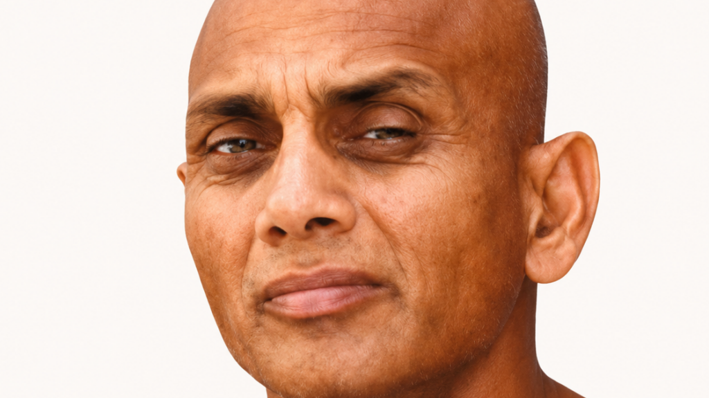 Close-up of a bald man's face with a skeptical expression, lips pressed and eyes slightly squinted.