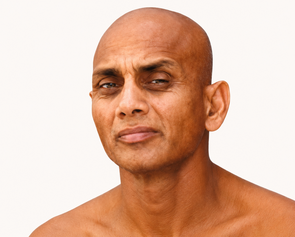 Close-up portrait of a bald man with brown skin looking slightly to the left, shoulders visible.