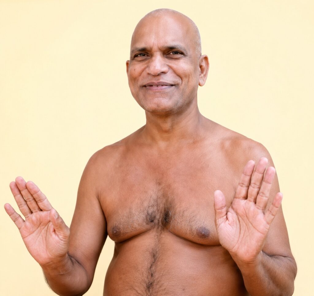 Smiling bald man, shirtless, against a pale yellow background with both hands raised in a stop gesture.