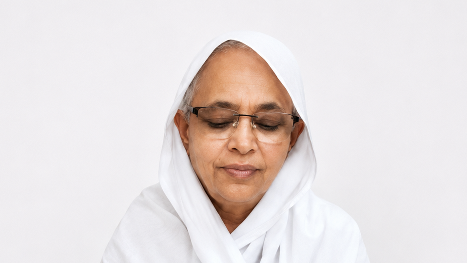 Elderly woman wearing a white headscarf and glasses with eyes closed in a calm pose.