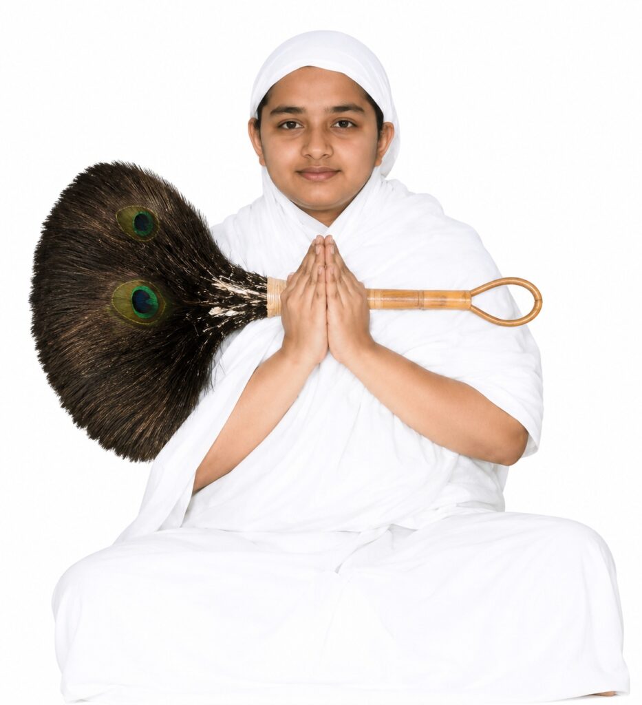 Person in white robes sits cross-legged with hands in prayer position, a large peacock-feather broom resting on their shoulder.