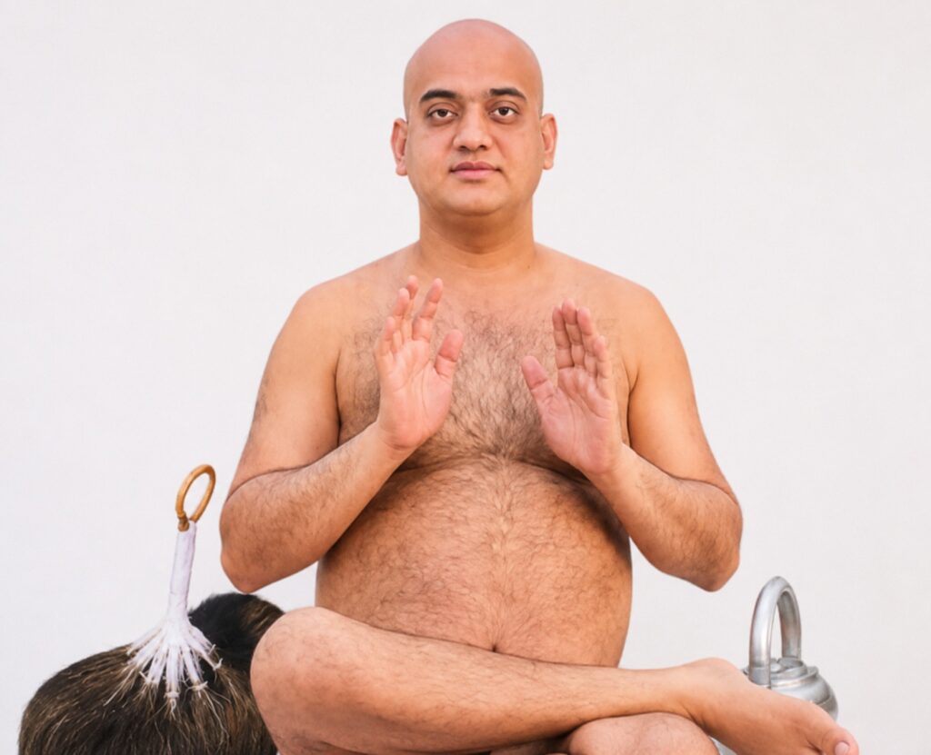 Bald, shirtless man sits cross-legged in a meditative pose with palms facing outward in a mudra against a plain light background, suggesting yoga or meditation.