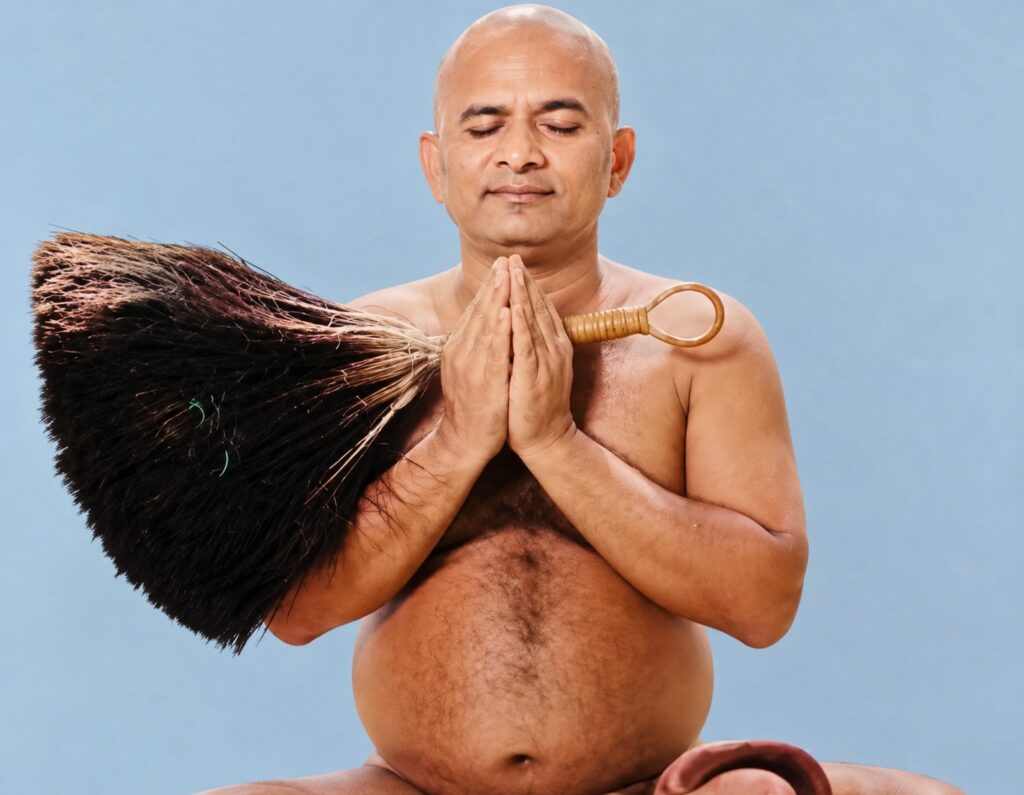 Meditating man with a large broom resting on his shoulder, hands in prayer and eyes closed against a blue background.