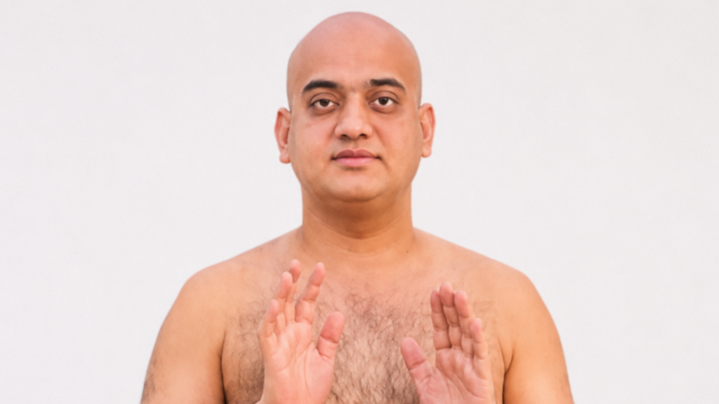 Bald shirtless man stands against a white background with hands raised in a stopping gesture.