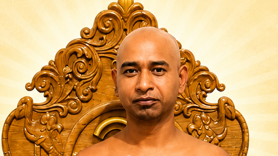 Bald man sits shirtless on an ornate carved wooden throne with a sunburst yellow background