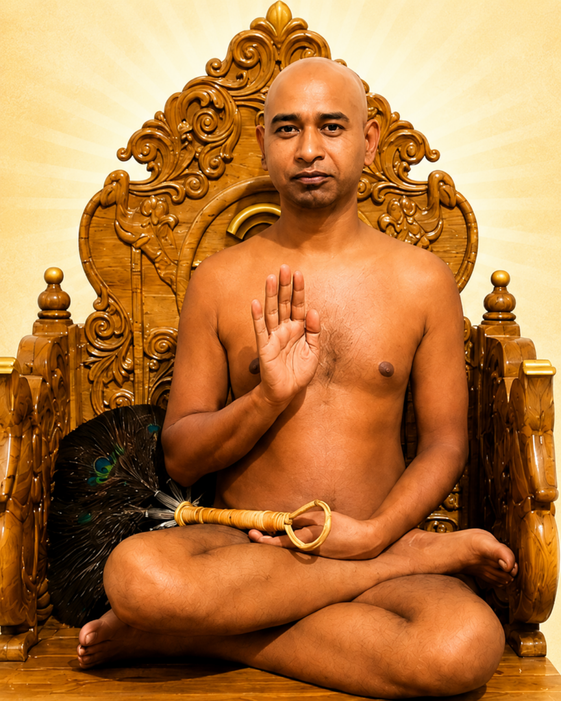 Man sits cross-legged on an ornate carved wooden throne, right hand raised in blessing, holding a curved staff or prayer tool in the left hand.